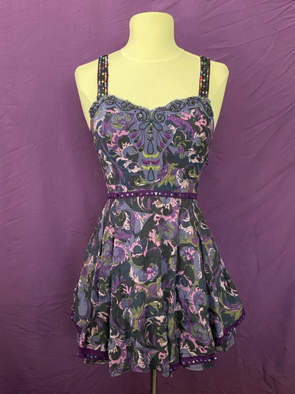 Vintage Y2K Free People Purple Paisley Sequined Mini Dress. Size 0.